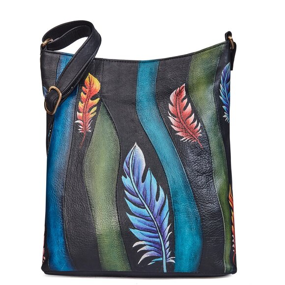 Leather Hand-Painted Feather Artwork Women Crossbody Sling Bag, Messenger Purse - Picture 1 of 6